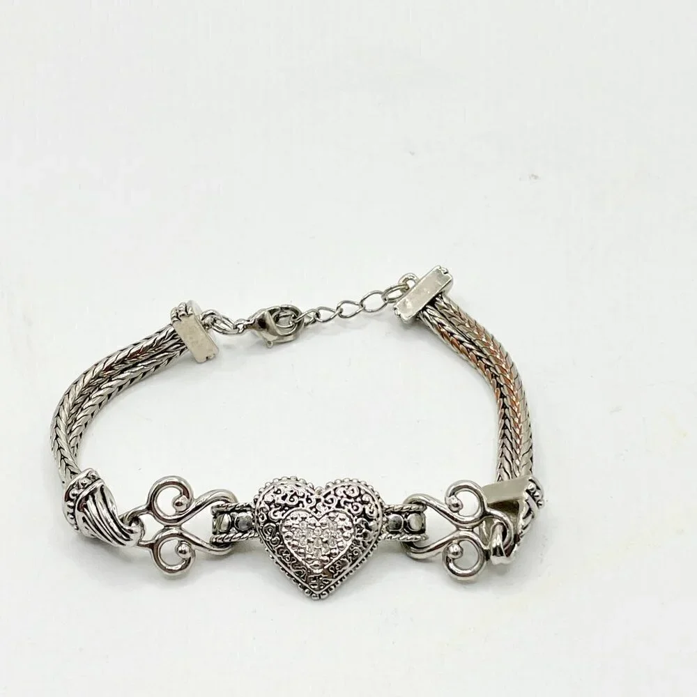 Lia Sophia Love Dust Pave Crystal Heart Silver Tone Chain Bracelet 7.5